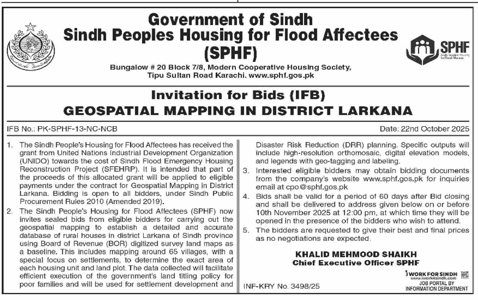 Sindh Peoples Housing for Flood Affectees Tender Notice